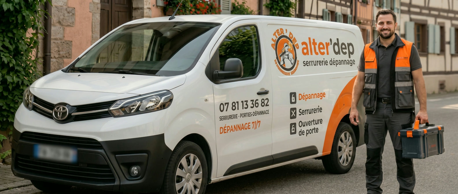 Camionnette de dépannage serrurerie Alter'Dep dans une rue alsacienne