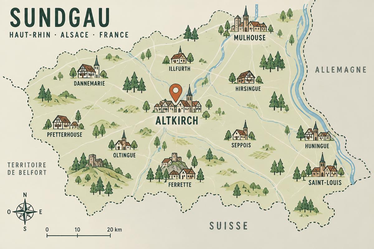 Carte du Sundgau avec Altkirch en évidence et les communes desservies